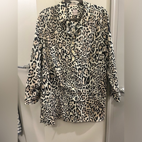 Chico’s No-Iron Button Down Tunic Womens 16/18 3 Long Sleeve Leopard Cheetah - Picture 1 of 9